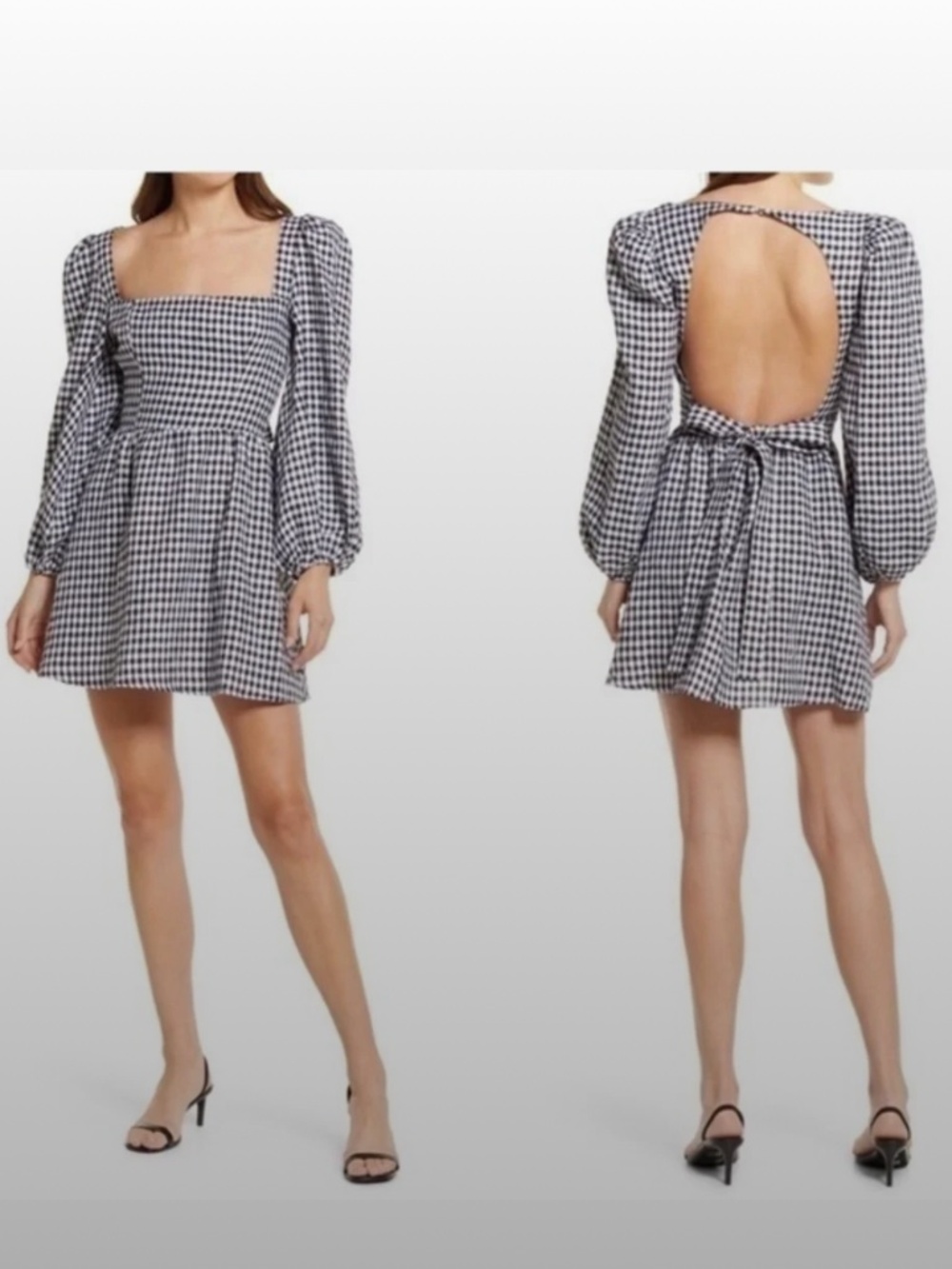 Reformation Brodie Dress Black White Check Gingham Linen Mini Long Sleeve 6